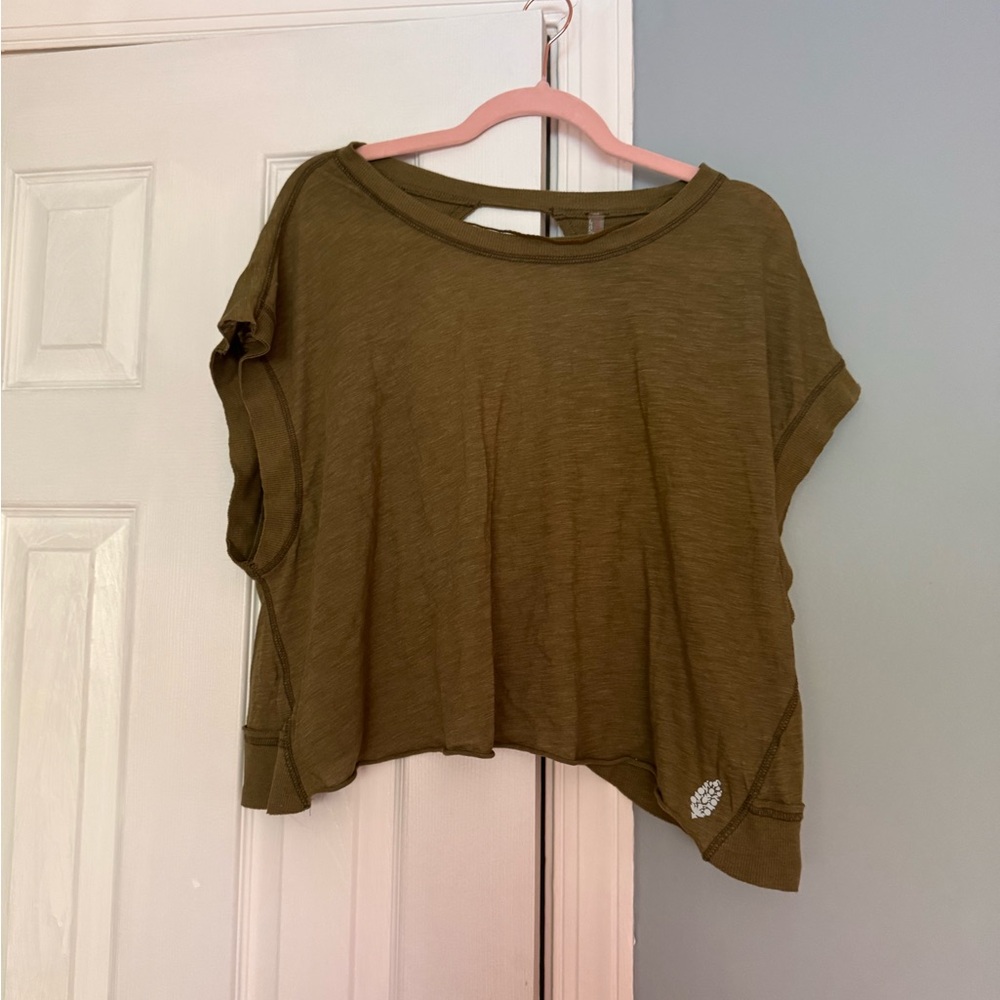 Free People My Time Short Sleeve Tee with Open Back in Olive Green - Picture 5 of 9